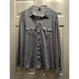 Love Potion Womens Size 2X Blue White Striped Button Up Roll Tab Long Sleeve Top